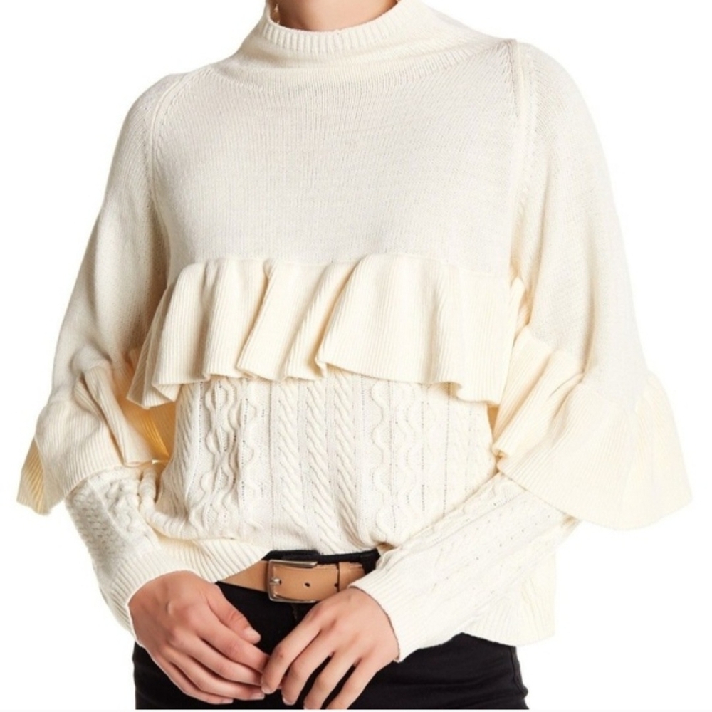 Project Naadam Chic Cream Ruffle Cable Knit Sweater